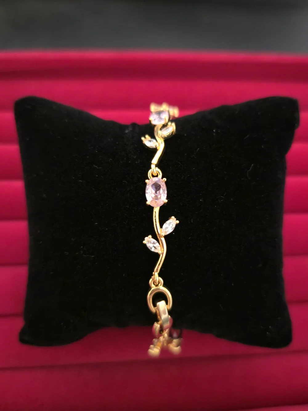 18K Gold Plated Women's Leaf Link Bracelet w/ Soft Pink Zircon - Women B003